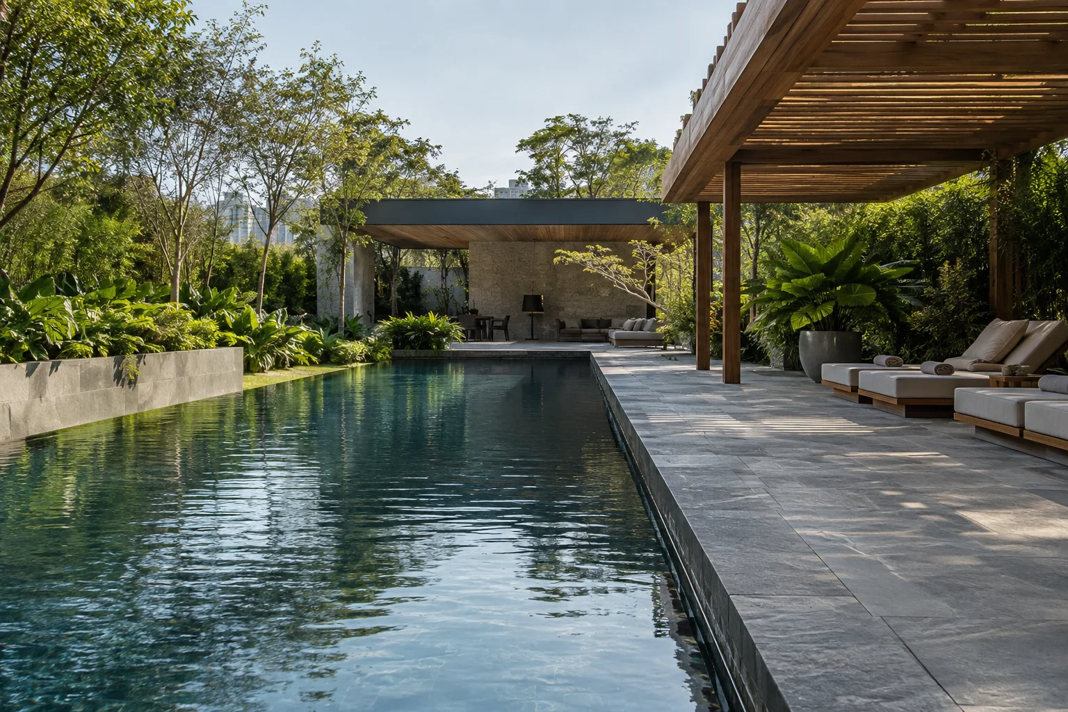 Imagem conceitual de área de wellness com piscina e paisagismo